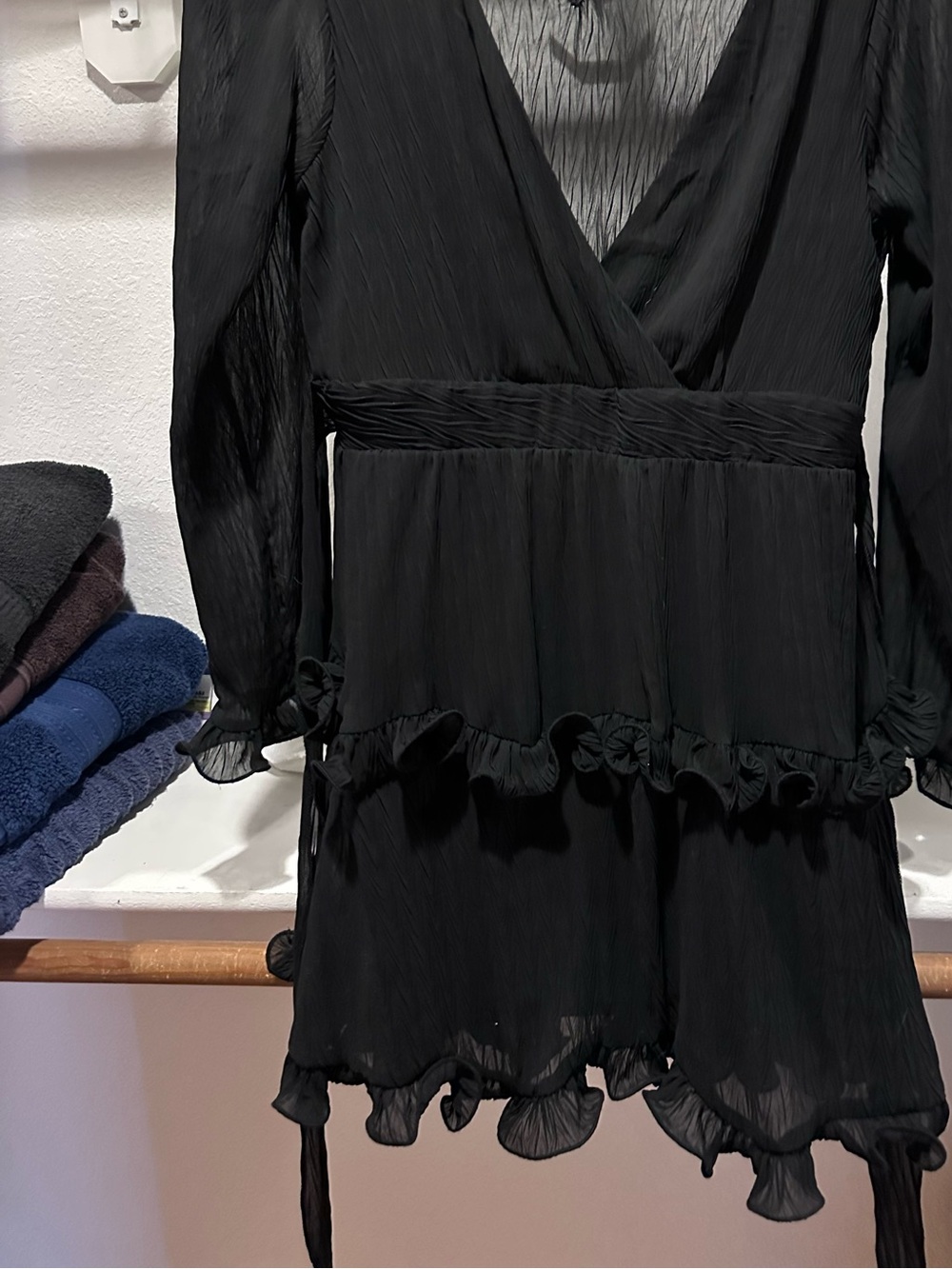 Black Ruffled V-Neck Women's Dress